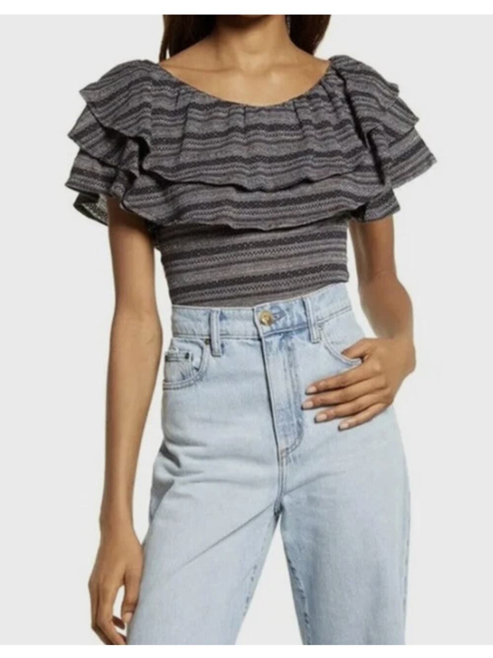 Free People Heirloom Striped Ruffle Top | Size Large | Boho Off-Shoulder Blouse